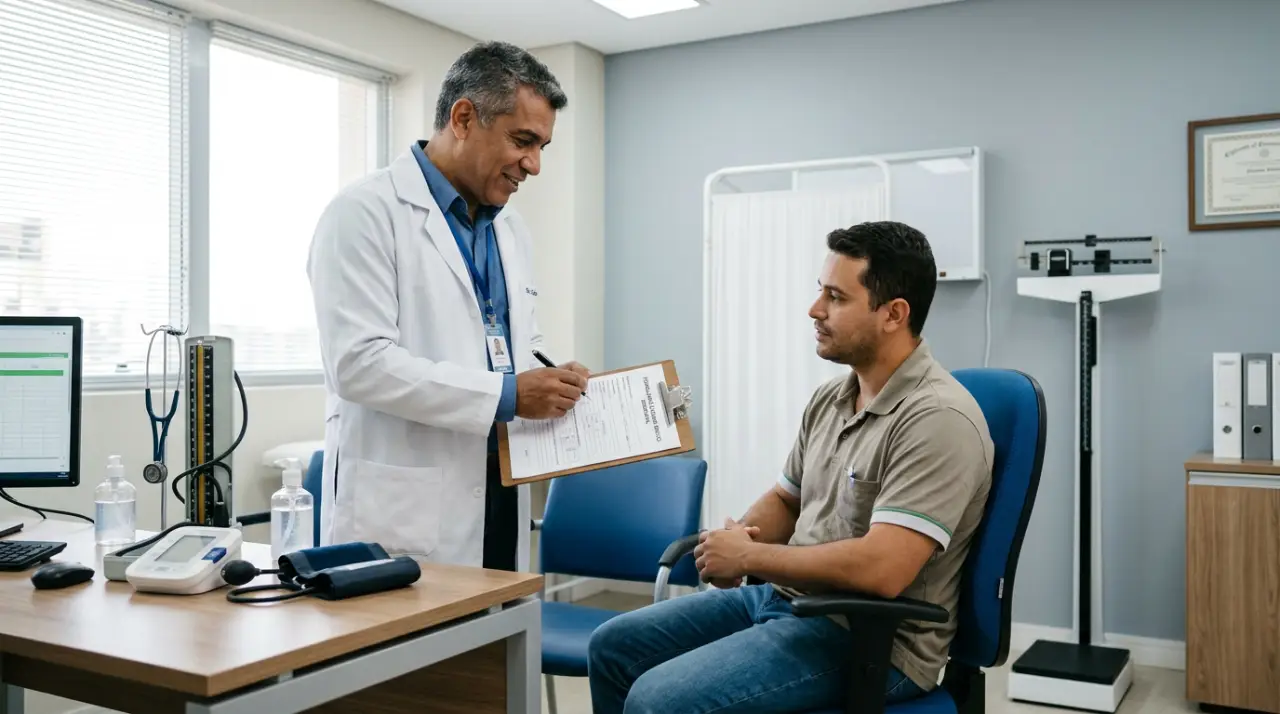profissional de saúde realizando exame ocupacional como parte do PCMSO