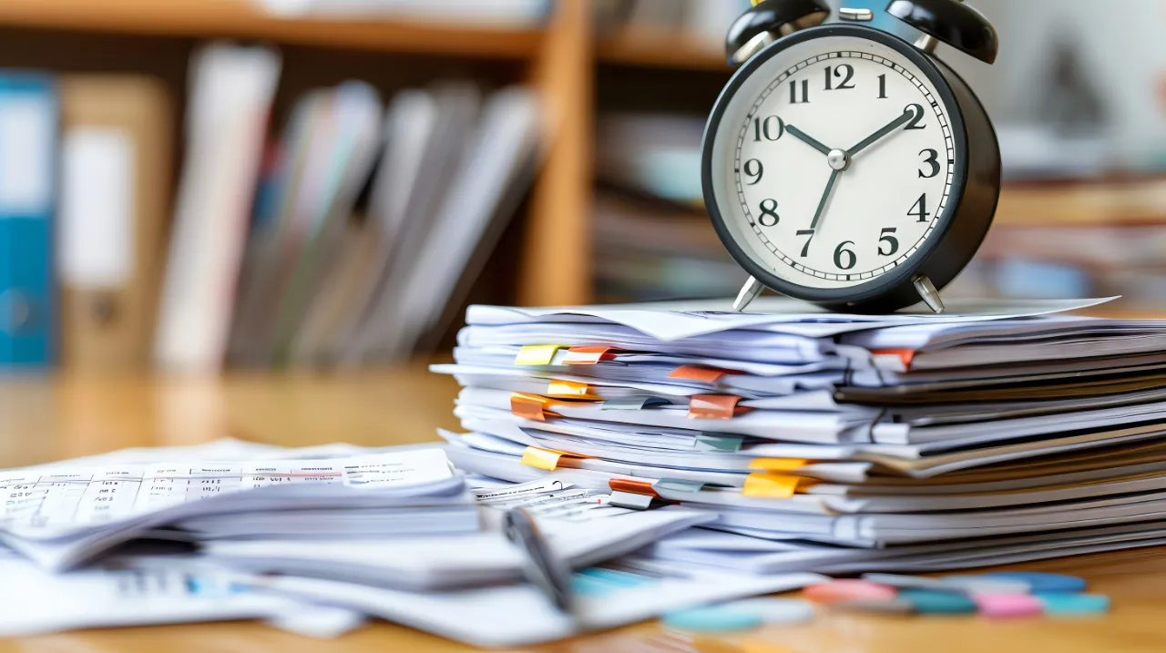 Documentos de rescisão sem assinatura sobre a mesa porque o funcionário não compareceu, ao lado de um calendário